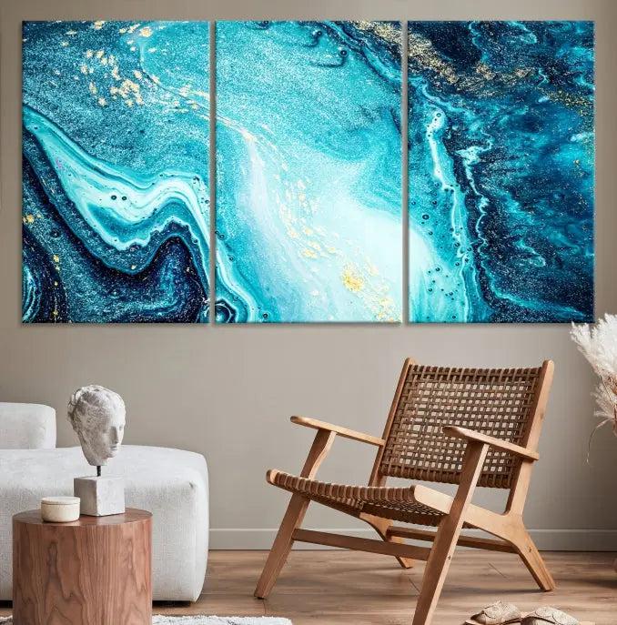 The Neon Blue and Gold Marble Fluid Effect Wall Art Abstract Canvas Wall Art Print graces the wall, displayed on museum-quality canvas.