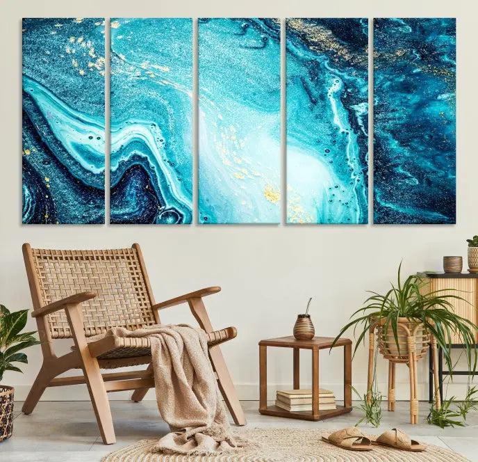 The Neon Blue and Gold Marble Fluid Effect Wall Art Abstract Canvas Wall Art Print graces the wall, displayed on museum-quality canvas.