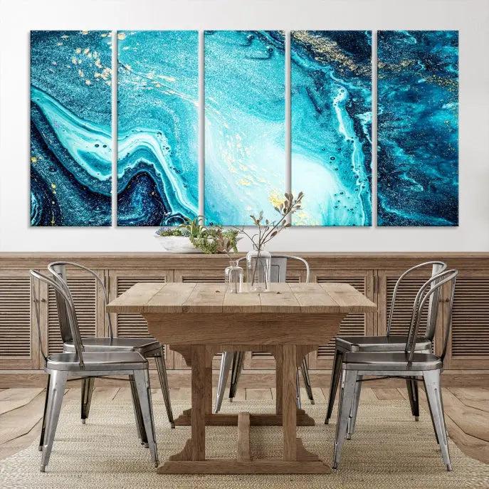 The Neon Blue and Gold Marble Fluid Effect Wall Art Abstract Canvas Wall Art Print graces the wall, displayed on museum-quality canvas.