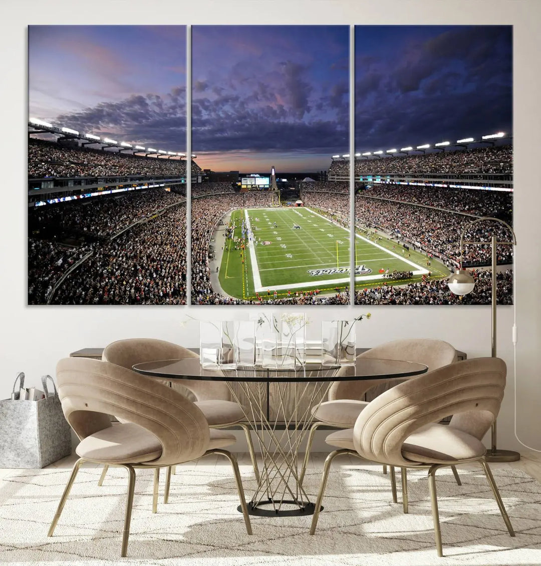 The living room showcases a remarkable set of canvases, the "New England Patriots Football Team Print - Foxborough Gillette Stadium Wall Art Canvas Print." This triptych captures a crowded football stadium at sunset, and each piece is coated with UV-protective layers to ensure lasting vibrancy. Additionally, you can enjoy the benefit of free shipping with your purchase.