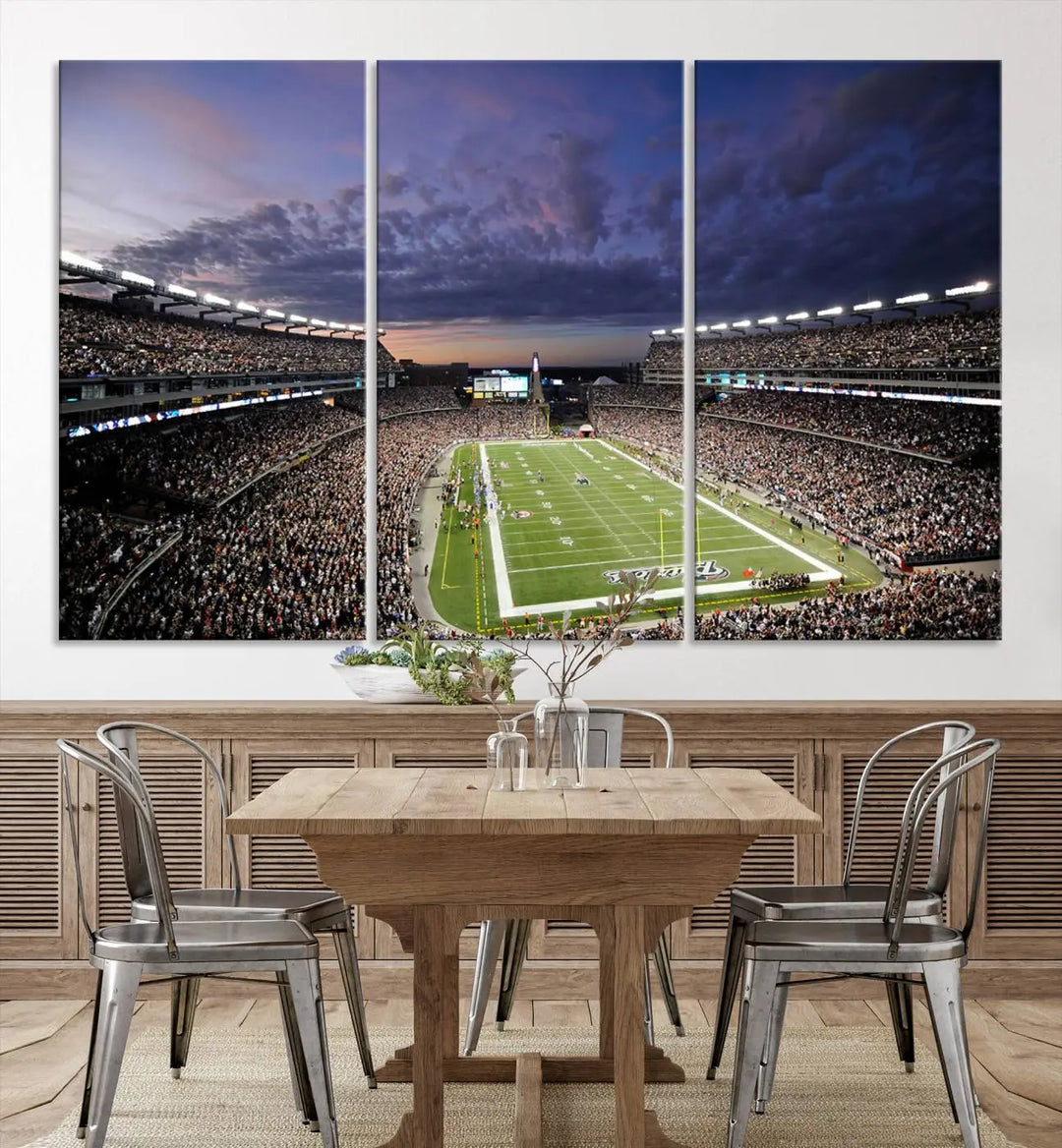 The living room showcases a remarkable set of canvases, the "New England Patriots Football Team Print - Foxborough Gillette Stadium Wall Art Canvas Print." This triptych captures a crowded football stadium at sunset, and each piece is coated with UV-protective layers to ensure lasting vibrancy. Additionally, you can enjoy the benefit of free shipping with your purchase.