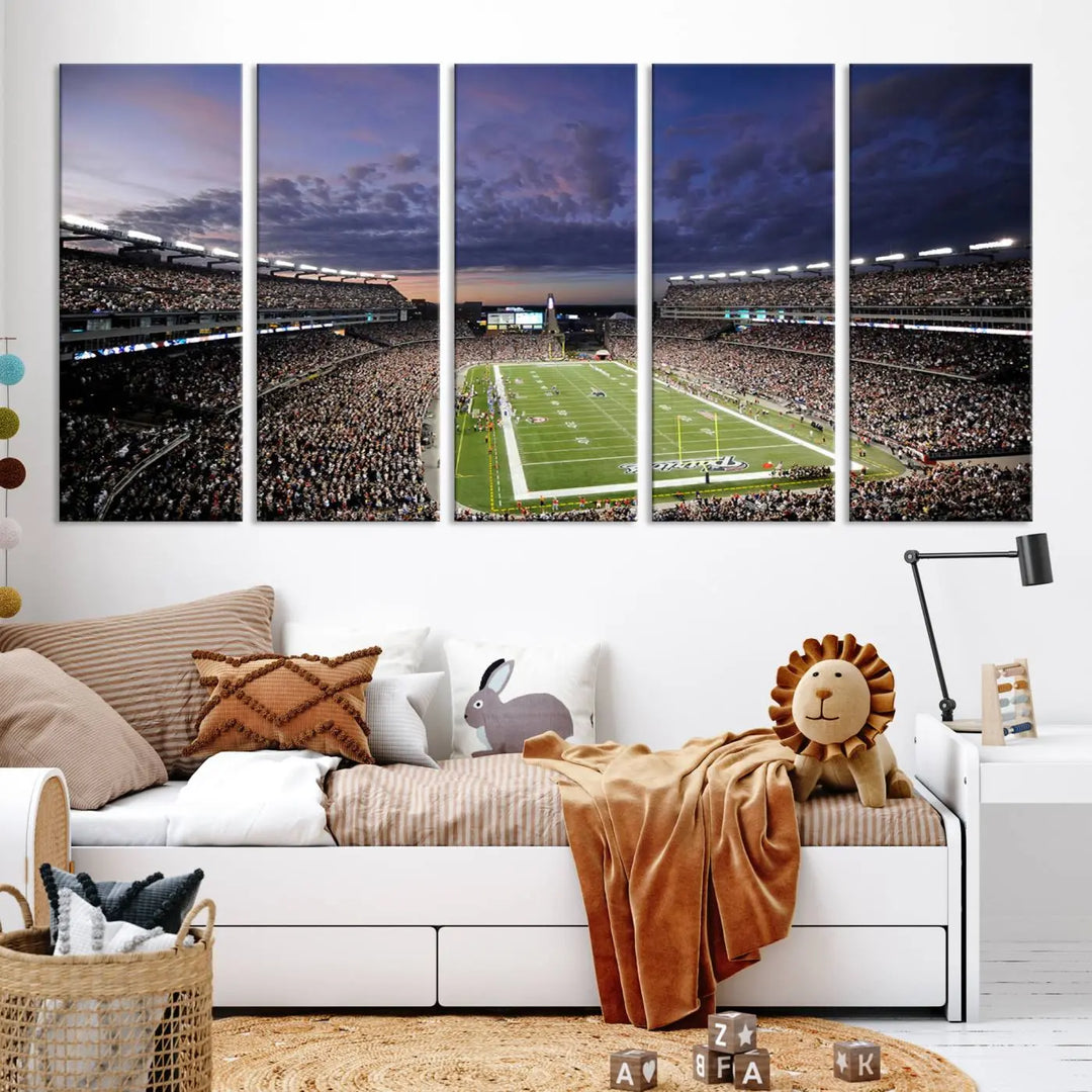 The living room showcases a remarkable set of canvases, the "New England Patriots Football Team Print - Foxborough Gillette Stadium Wall Art Canvas Print." This triptych captures a crowded football stadium at sunset, and each piece is coated with UV-protective layers to ensure lasting vibrancy. Additionally, you can enjoy the benefit of free shipping with your purchase.