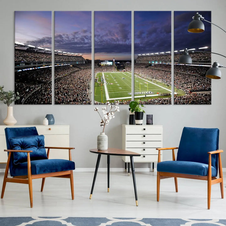 The living room showcases a remarkable set of canvases, the "New England Patriots Football Team Print - Foxborough Gillette Stadium Wall Art Canvas Print." This triptych captures a crowded football stadium at sunset, and each piece is coated with UV-protective layers to ensure lasting vibrancy. Additionally, you can enjoy the benefit of free shipping with your purchase.