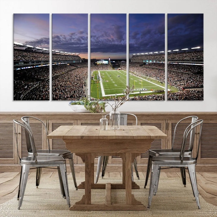 The living room showcases a remarkable set of canvases, the "New England Patriots Football Team Print - Foxborough Gillette Stadium Wall Art Canvas Print." This triptych captures a crowded football stadium at sunset, and each piece is coated with UV-protective layers to ensure lasting vibrancy. Additionally, you can enjoy the benefit of free shipping with your purchase.