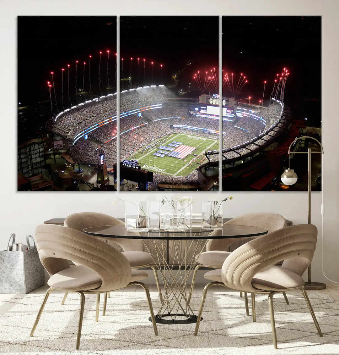 The New England Patriots Football Team Print, showcasing a stunning aerial view of Foxborough Gillette Stadium with fireworks above, is beautifully reproduced on museum-quality canvas and displayed on a wall.