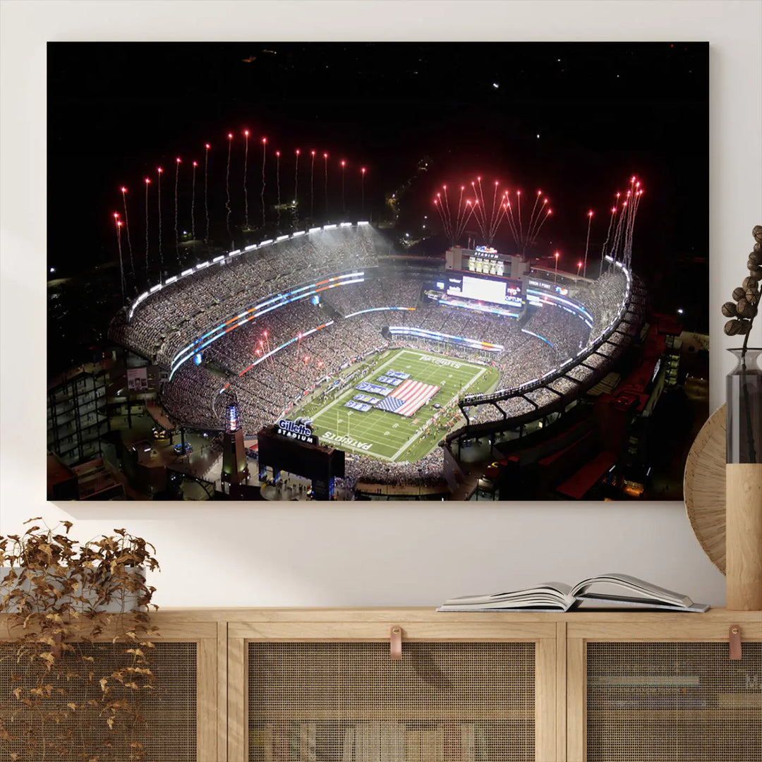 The New England Patriots Football Team Print, showcasing a stunning aerial view of Foxborough Gillette Stadium with fireworks above, is beautifully reproduced on museum-quality canvas and displayed on a wall.