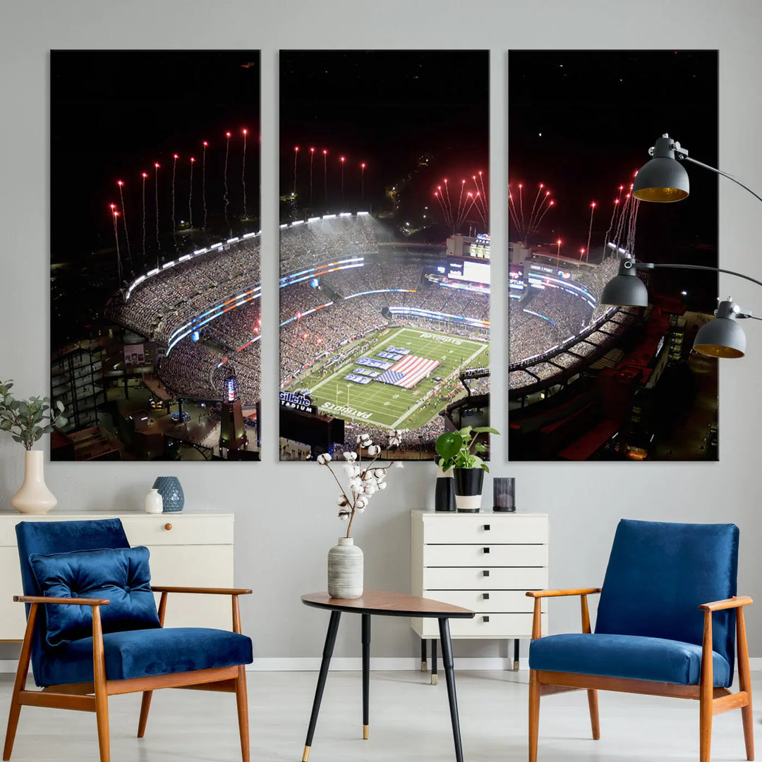 The New England Patriots Football Team Print, showcasing a stunning aerial view of Foxborough Gillette Stadium with fireworks above, is beautifully reproduced on museum-quality canvas and displayed on a wall.