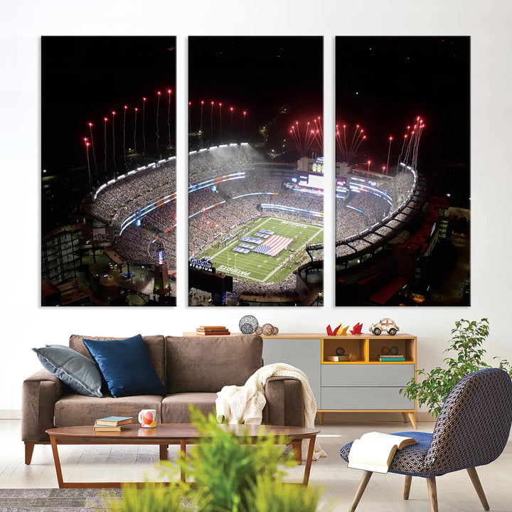 The New England Patriots Football Team Print, showcasing a stunning aerial view of Foxborough Gillette Stadium with fireworks above, is beautifully reproduced on museum-quality canvas and displayed on a wall.