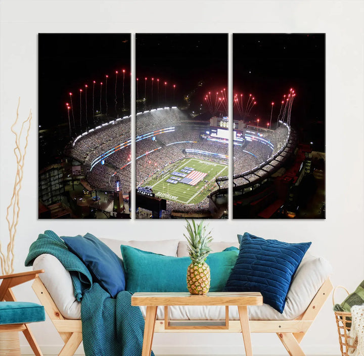 The New England Patriots Football Team Print, showcasing a stunning aerial view of Foxborough Gillette Stadium with fireworks above, is beautifully reproduced on museum-quality canvas and displayed on a wall.