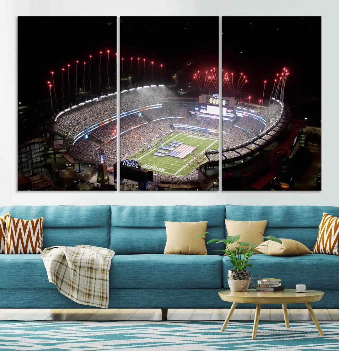 The New England Patriots Football Team Print, showcasing a stunning aerial view of Foxborough Gillette Stadium with fireworks above, is beautifully reproduced on museum-quality canvas and displayed on a wall.