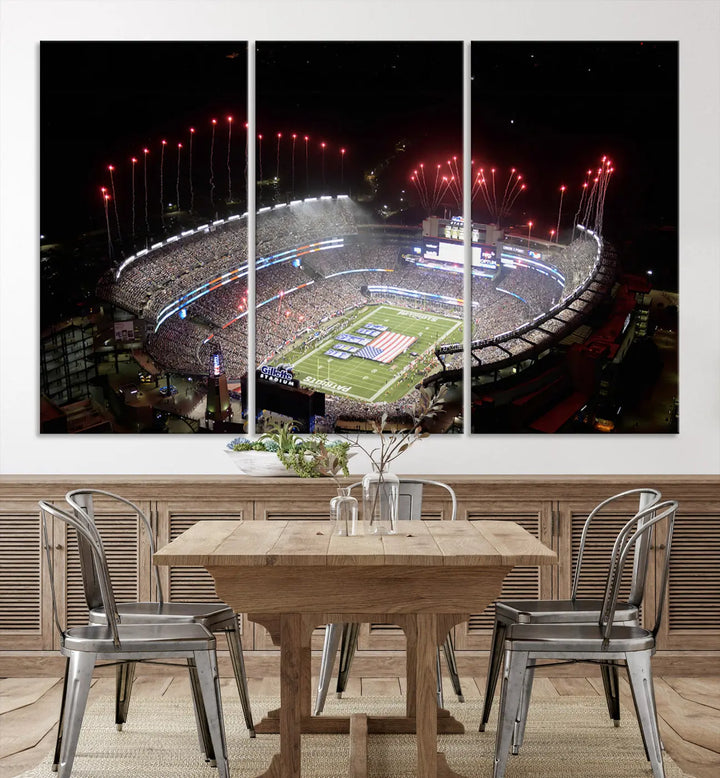 The New England Patriots Football Team Print, showcasing a stunning aerial view of Foxborough Gillette Stadium with fireworks above, is beautifully reproduced on museum-quality canvas and displayed on a wall.