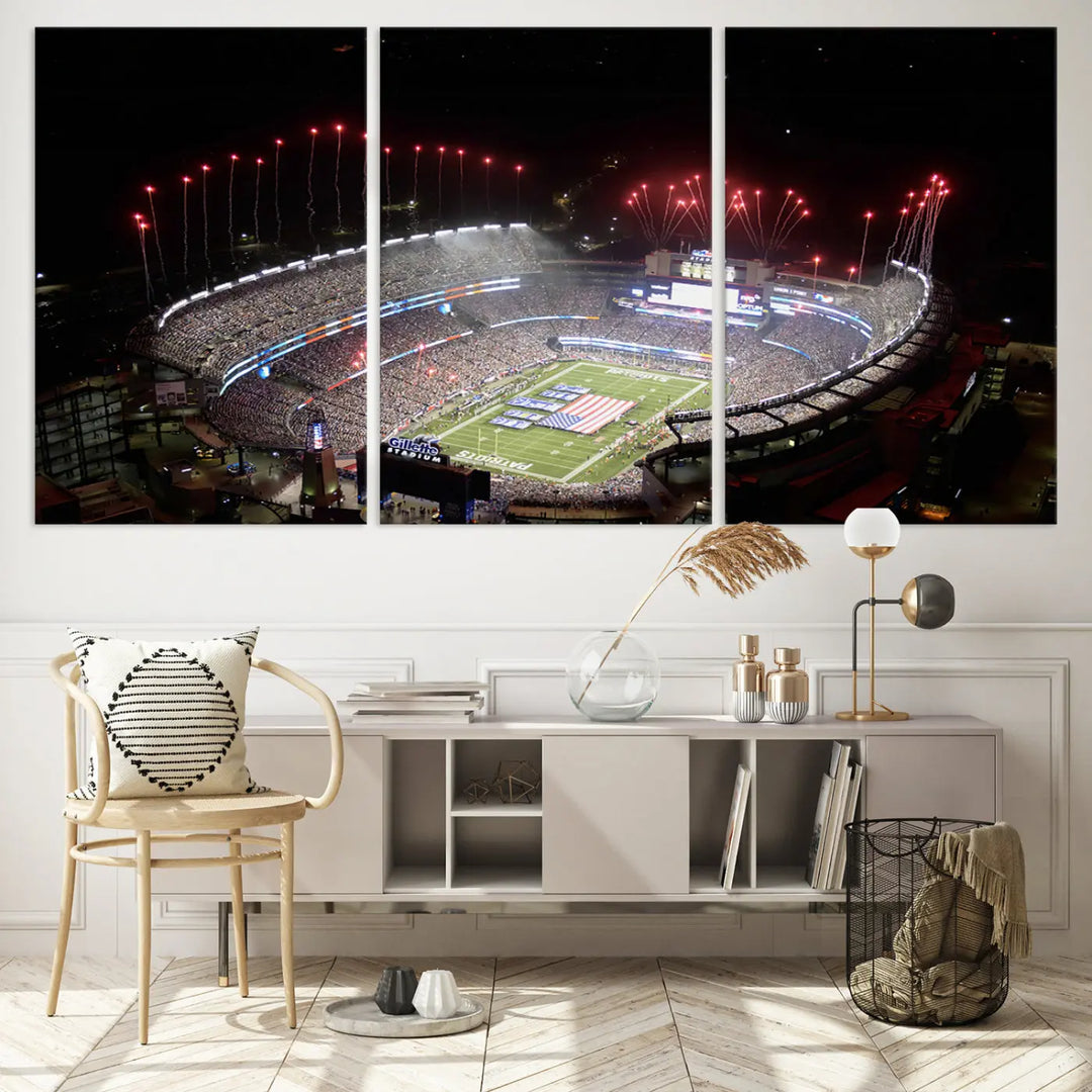 The New England Patriots Football Team Print, showcasing a stunning aerial view of Foxborough Gillette Stadium with fireworks above, is beautifully reproduced on museum-quality canvas and displayed on a wall.