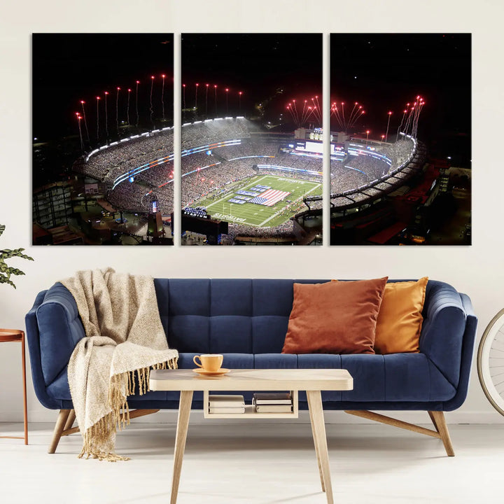 The New England Patriots Football Team Print, showcasing a stunning aerial view of Foxborough Gillette Stadium with fireworks above, is beautifully reproduced on museum-quality canvas and displayed on a wall.