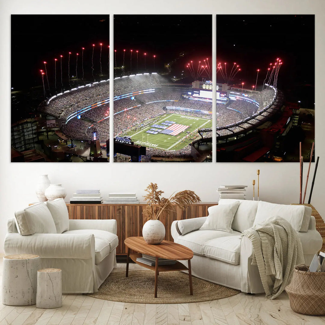 The New England Patriots Football Team Print, showcasing a stunning aerial view of Foxborough Gillette Stadium with fireworks above, is beautifully reproduced on museum-quality canvas and displayed on a wall.