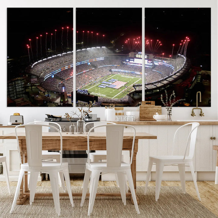 The New England Patriots Football Team Print, showcasing a stunning aerial view of Foxborough Gillette Stadium with fireworks above, is beautifully reproduced on museum-quality canvas and displayed on a wall.