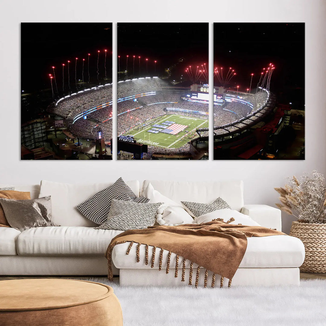 The New England Patriots Football Team Print, showcasing a stunning aerial view of Foxborough Gillette Stadium with fireworks above, is beautifully reproduced on museum-quality canvas and displayed on a wall.