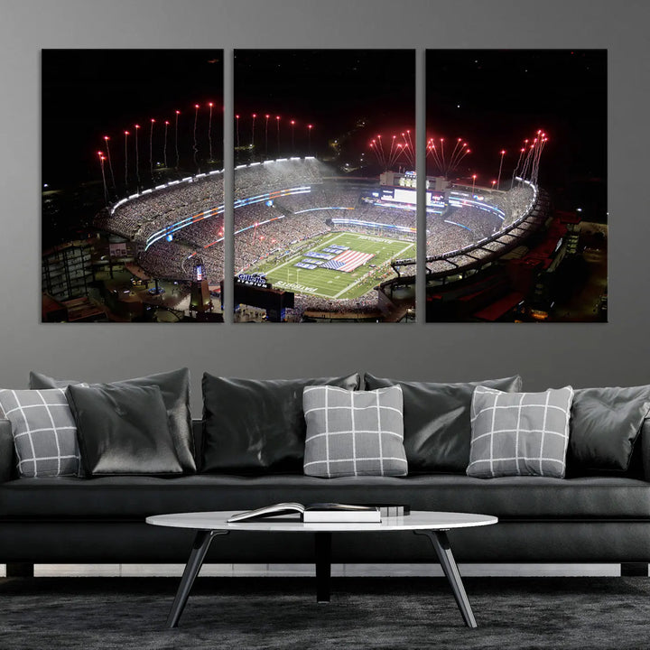 The New England Patriots Football Team Print, showcasing a stunning aerial view of Foxborough Gillette Stadium with fireworks above, is beautifully reproduced on museum-quality canvas and displayed on a wall.