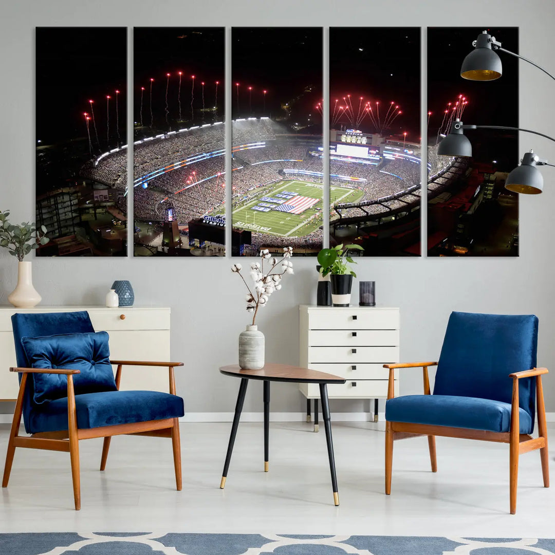 The New England Patriots Football Team Print, showcasing a stunning aerial view of Foxborough Gillette Stadium with fireworks above, is beautifully reproduced on museum-quality canvas and displayed on a wall.