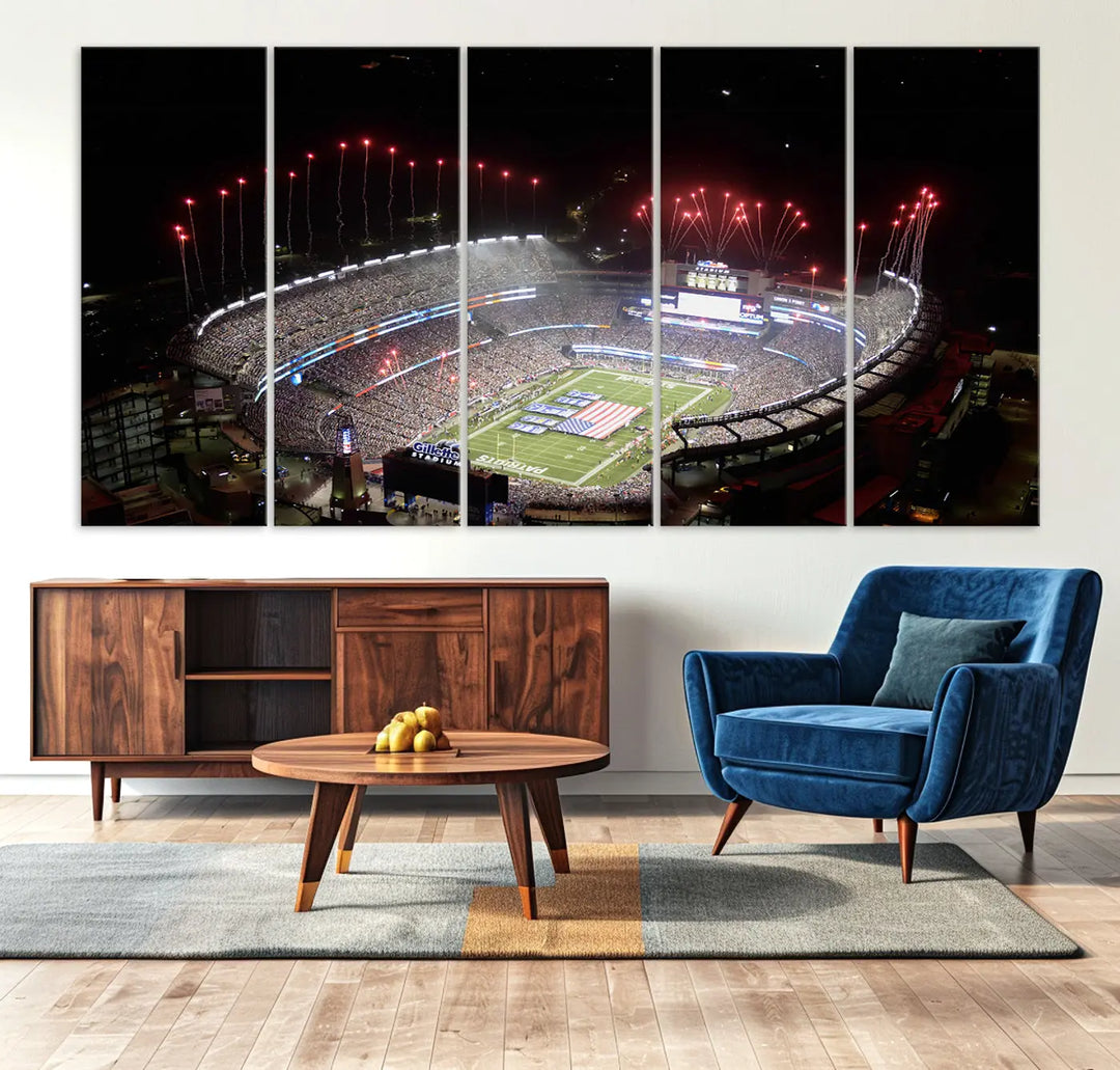 The New England Patriots Football Team Print, showcasing a stunning aerial view of Foxborough Gillette Stadium with fireworks above, is beautifully reproduced on museum-quality canvas and displayed on a wall.