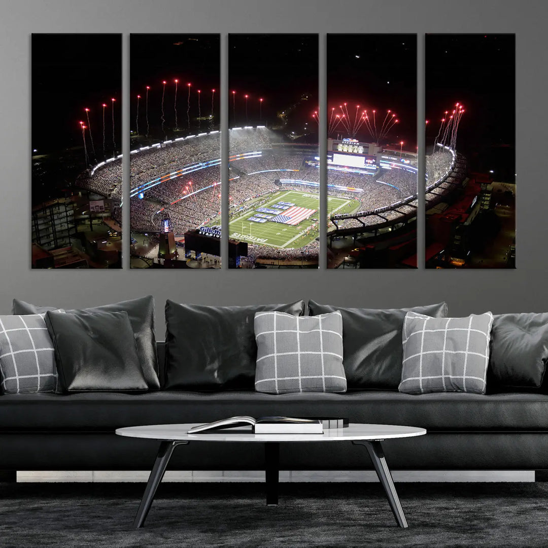 The New England Patriots Football Team Print, showcasing a stunning aerial view of Foxborough Gillette Stadium with fireworks above, is beautifully reproduced on museum-quality canvas and displayed on a wall.