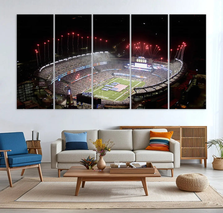 The New England Patriots Football Team Print, showcasing a stunning aerial view of Foxborough Gillette Stadium with fireworks above, is beautifully reproduced on museum-quality canvas and displayed on a wall.