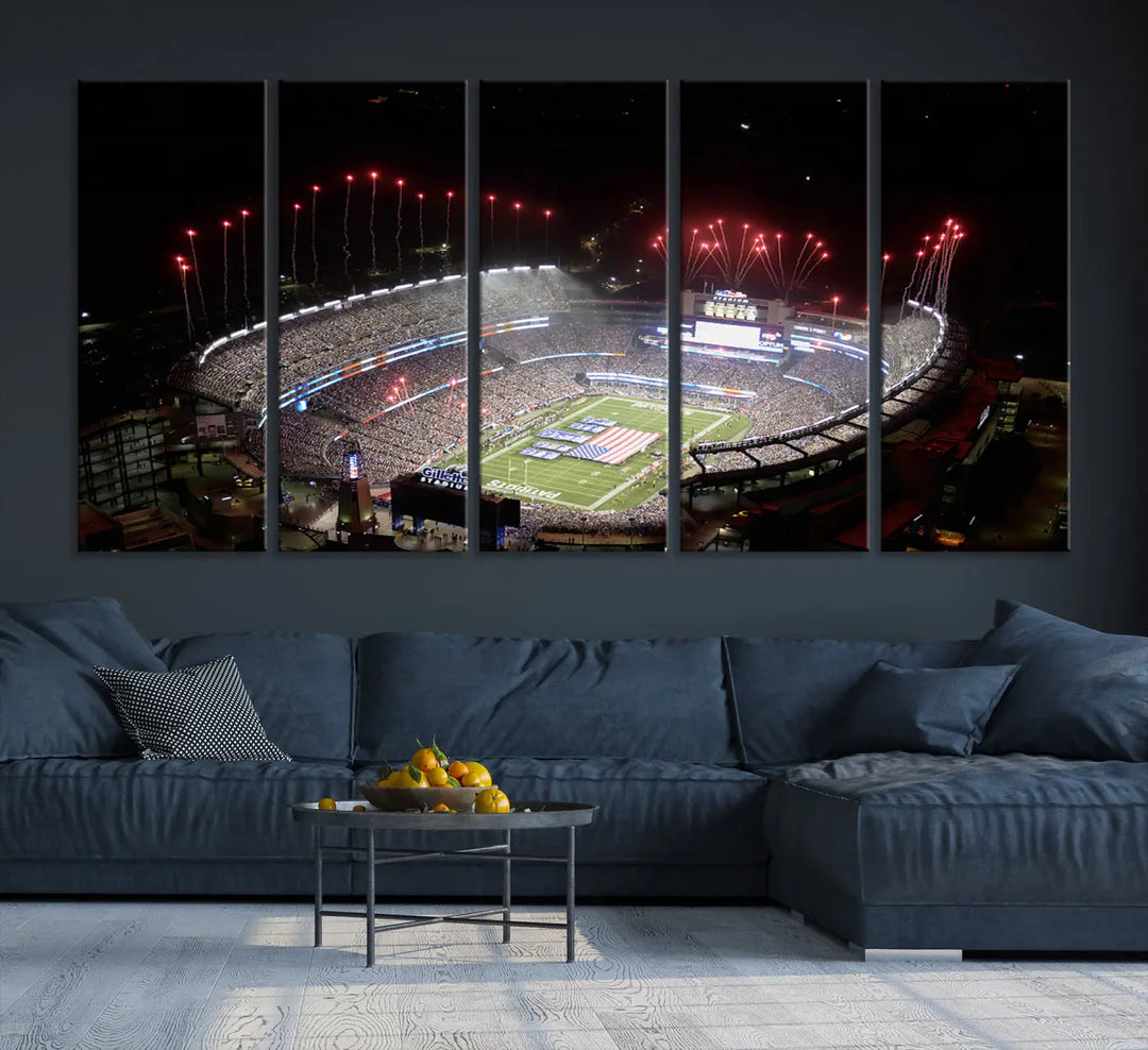 The New England Patriots Football Team Print, showcasing a stunning aerial view of Foxborough Gillette Stadium with fireworks above, is beautifully reproduced on museum-quality canvas and displayed on a wall.