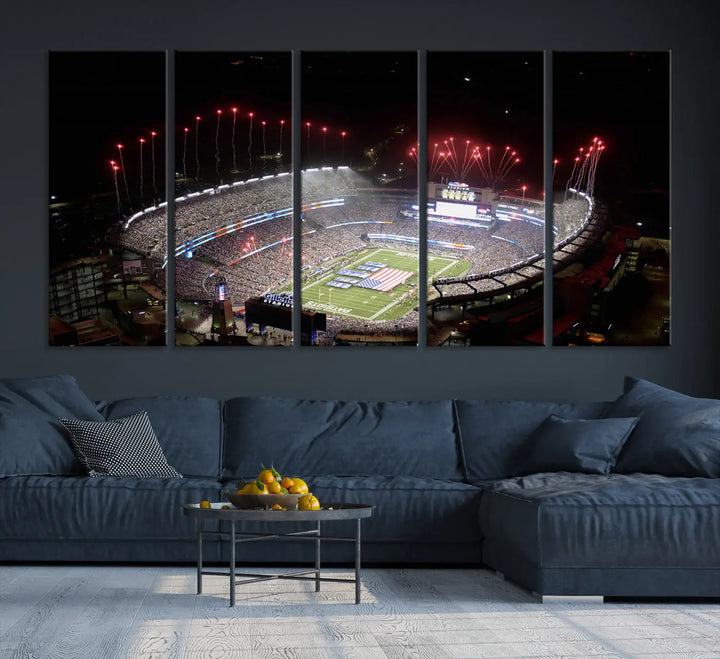 The New England Patriots Football Team Print, showcasing a stunning aerial view of Foxborough Gillette Stadium with fireworks above, is beautifully reproduced on museum-quality canvas and displayed on a wall.