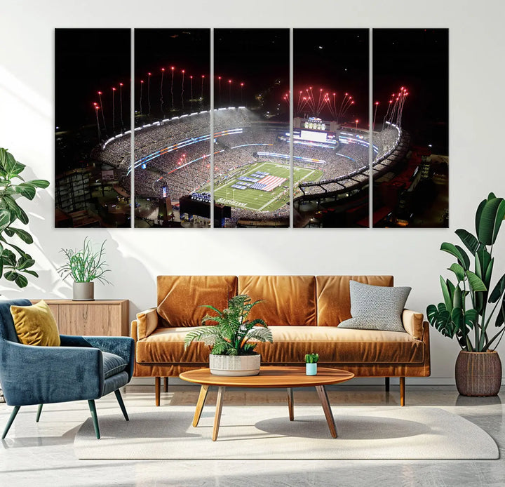 The New England Patriots Football Team Print, showcasing a stunning aerial view of Foxborough Gillette Stadium with fireworks above, is beautifully reproduced on museum-quality canvas and displayed on a wall.