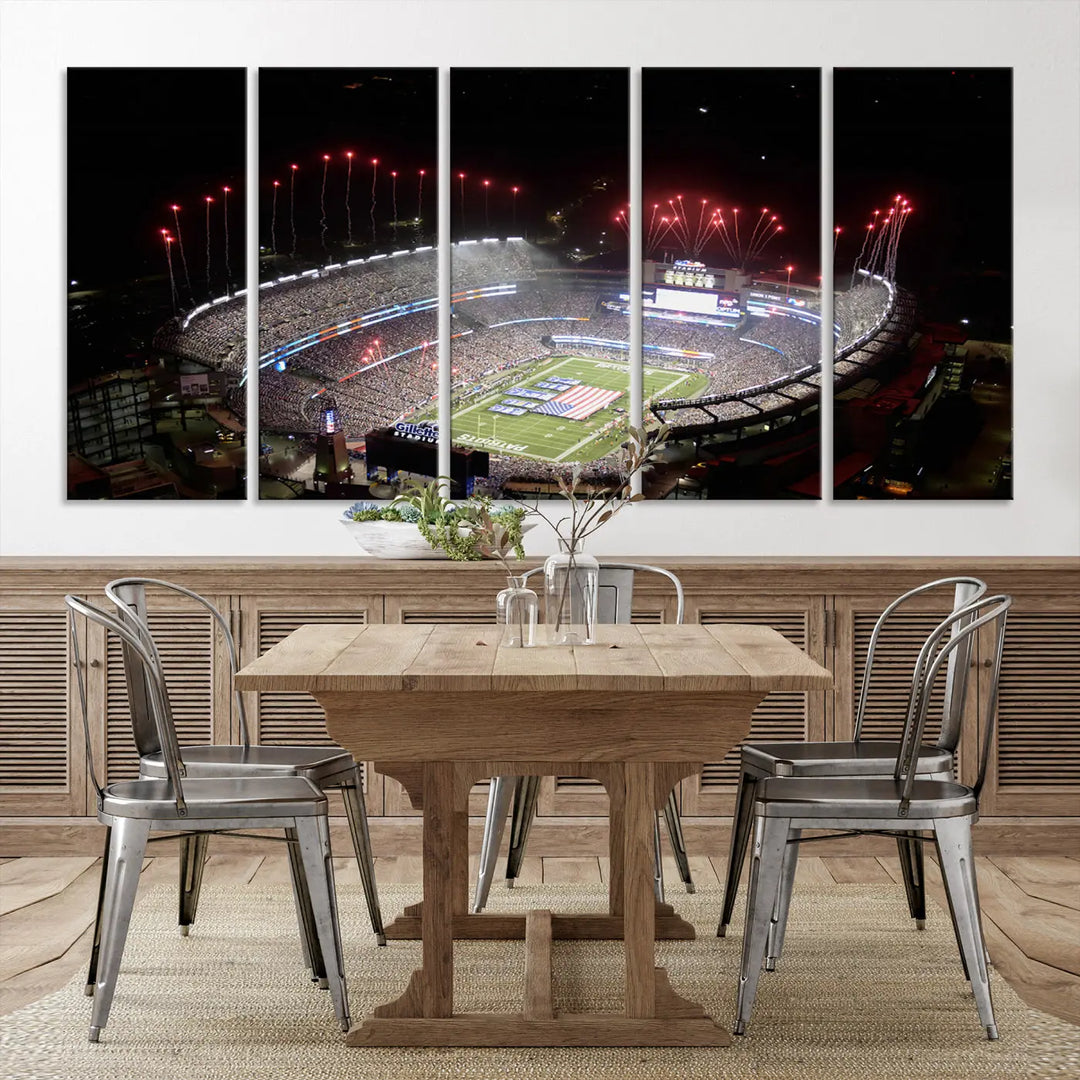 The New England Patriots Football Team Print, showcasing a stunning aerial view of Foxborough Gillette Stadium with fireworks above, is beautifully reproduced on museum-quality canvas and displayed on a wall.