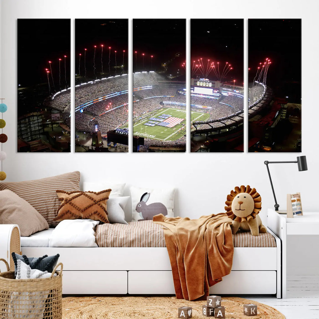 The New England Patriots Football Team Print, showcasing a stunning aerial view of Foxborough Gillette Stadium with fireworks above, is beautifully reproduced on museum-quality canvas and displayed on a wall.