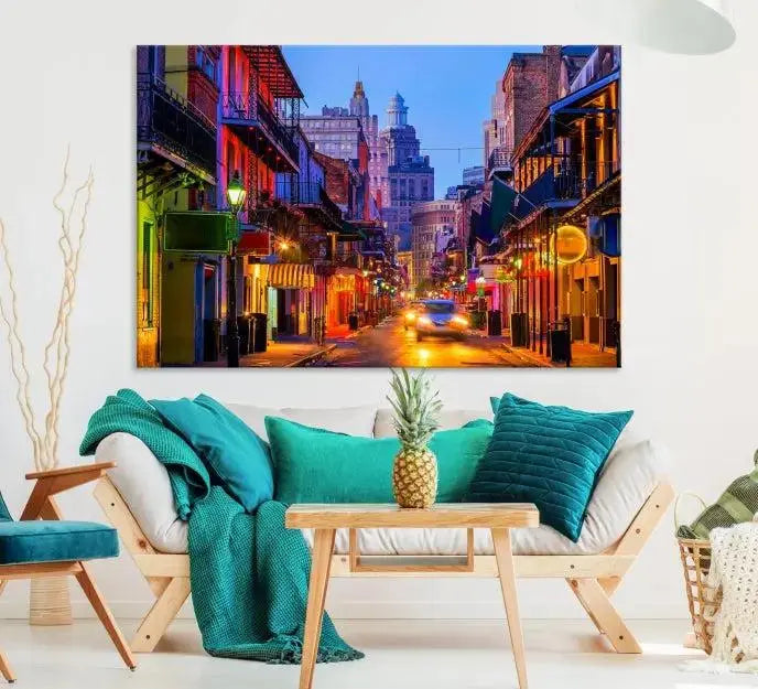 The "New Orleans Louisiana" painting, featuring a vibrant urban street scene and protected with a UV-resistant coating, is crafted on museum-quality polycotton and ready to hang. The artwork adds an elegant touch to the space.