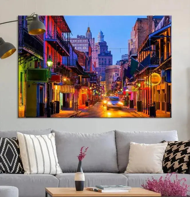 The "New Orleans Louisiana" painting, featuring a vibrant urban street scene and protected with a UV-resistant coating, is crafted on museum-quality polycotton and ready to hang. The artwork adds an elegant touch to the space.