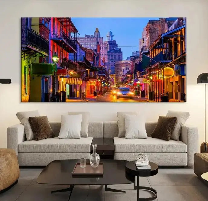 The "New Orleans Louisiana" painting, featuring a vibrant urban street scene and protected with a UV-resistant coating, is crafted on museum-quality polycotton and ready to hang. The artwork adds an elegant touch to the space.