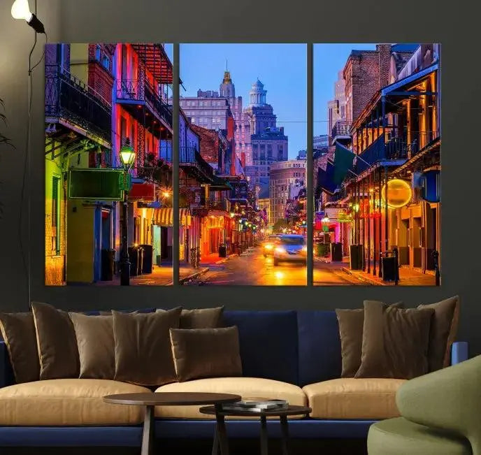 The "New Orleans Louisiana" painting, featuring a vibrant urban street scene and protected with a UV-resistant coating, is crafted on museum-quality polycotton and ready to hang. The artwork adds an elegant touch to the space.