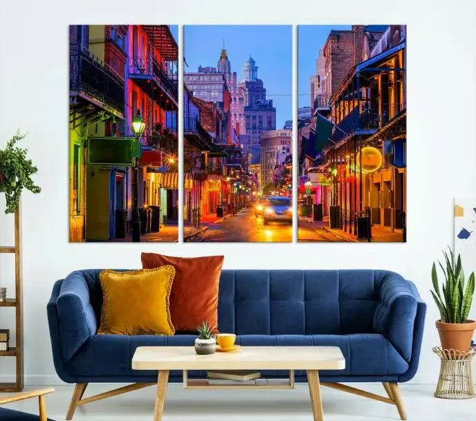 The "New Orleans Louisiana" painting, featuring a vibrant urban street scene and protected with a UV-resistant coating, is crafted on museum-quality polycotton and ready to hang. The artwork adds an elegant touch to the space.