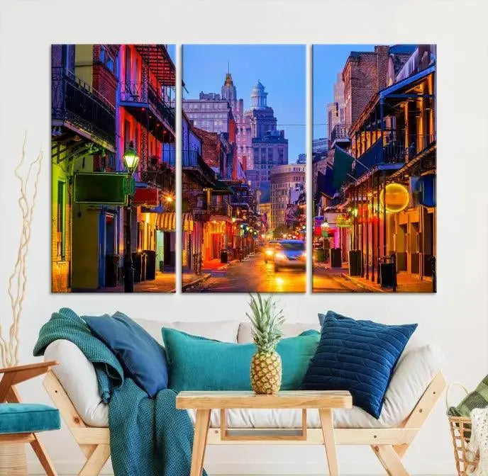 The "New Orleans Louisiana" painting, featuring a vibrant urban street scene and protected with a UV-resistant coating, is crafted on museum-quality polycotton and ready to hang. The artwork adds an elegant touch to the space.