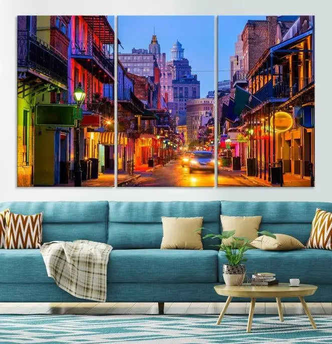 The "New Orleans Louisiana" painting, featuring a vibrant urban street scene and protected with a UV-resistant coating, is crafted on museum-quality polycotton and ready to hang. The artwork adds an elegant touch to the space.