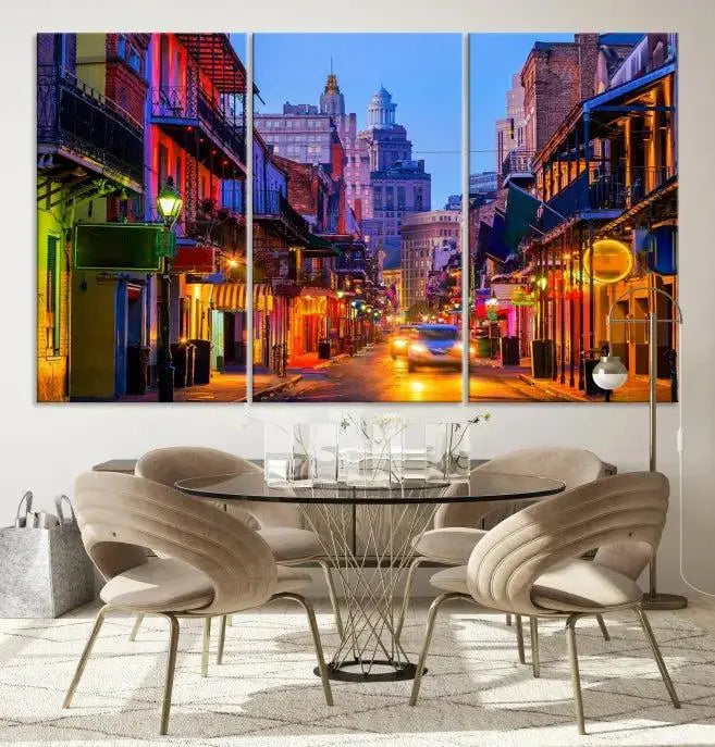 The "New Orleans Louisiana" painting, featuring a vibrant urban street scene and protected with a UV-resistant coating, is crafted on museum-quality polycotton and ready to hang. The artwork adds an elegant touch to the space.