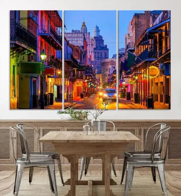 The "New Orleans Louisiana" painting, featuring a vibrant urban street scene and protected with a UV-resistant coating, is crafted on museum-quality polycotton and ready to hang. The artwork adds an elegant touch to the space.