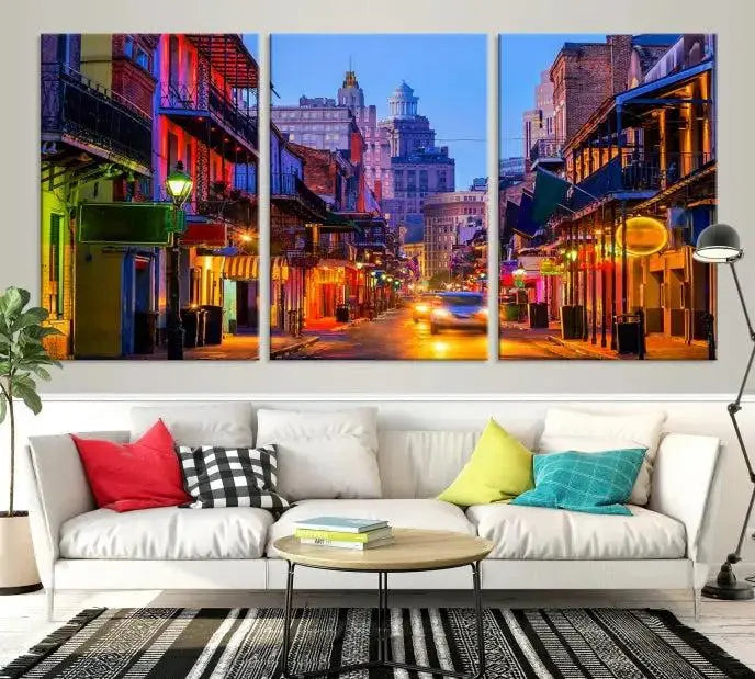 The "New Orleans Louisiana" painting, featuring a vibrant urban street scene and protected with a UV-resistant coating, is crafted on museum-quality polycotton and ready to hang. The artwork adds an elegant touch to the space.