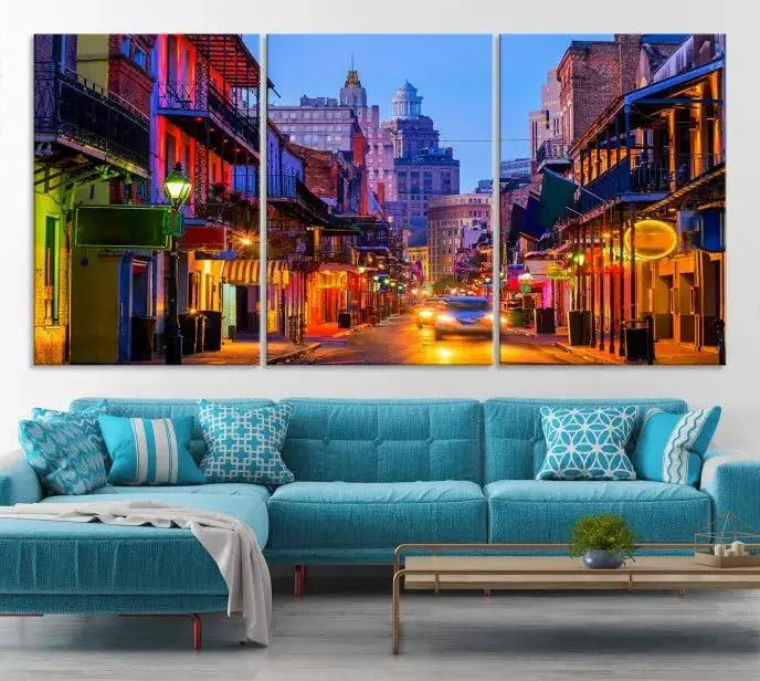 The "New Orleans Louisiana" painting, featuring a vibrant urban street scene and protected with a UV-resistant coating, is crafted on museum-quality polycotton and ready to hang. The artwork adds an elegant touch to the space.