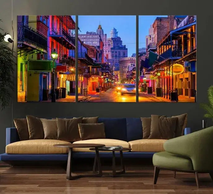 The "New Orleans Louisiana" painting, featuring a vibrant urban street scene and protected with a UV-resistant coating, is crafted on museum-quality polycotton and ready to hang. The artwork adds an elegant touch to the space.