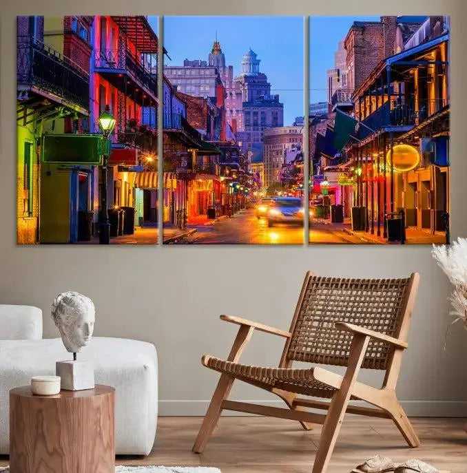 The "New Orleans Louisiana" painting, featuring a vibrant urban street scene and protected with a UV-resistant coating, is crafted on museum-quality polycotton and ready to hang. The artwork adds an elegant touch to the space.