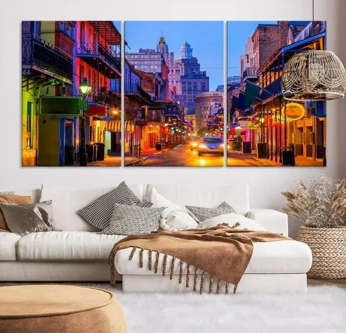 The "New Orleans Louisiana" painting, featuring a vibrant urban street scene and protected with a UV-resistant coating, is crafted on museum-quality polycotton and ready to hang. The artwork adds an elegant touch to the space.