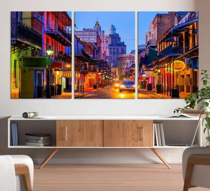 The "New Orleans Louisiana" painting, featuring a vibrant urban street scene and protected with a UV-resistant coating, is crafted on museum-quality polycotton and ready to hang. The artwork adds an elegant touch to the space.