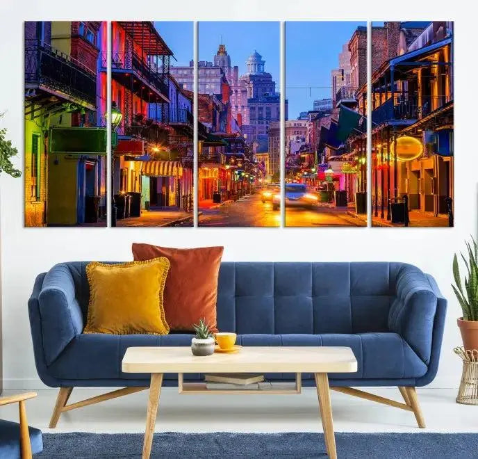 The "New Orleans Louisiana" painting, featuring a vibrant urban street scene and protected with a UV-resistant coating, is crafted on museum-quality polycotton and ready to hang. The artwork adds an elegant touch to the space.