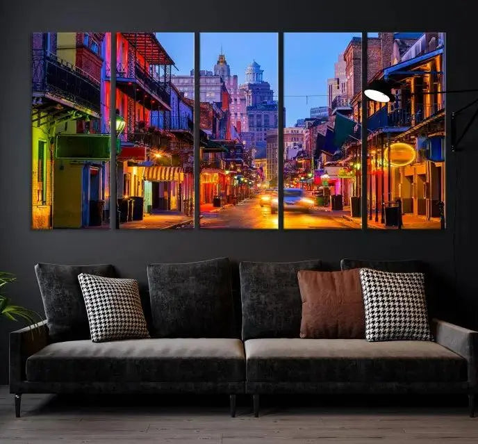 The "New Orleans Louisiana" painting, featuring a vibrant urban street scene and protected with a UV-resistant coating, is crafted on museum-quality polycotton and ready to hang. The artwork adds an elegant touch to the space.