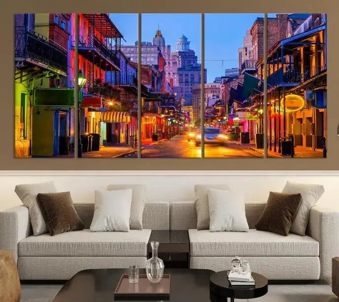 The "New Orleans Louisiana" painting, featuring a vibrant urban street scene and protected with a UV-resistant coating, is crafted on museum-quality polycotton and ready to hang. The artwork adds an elegant touch to the space.