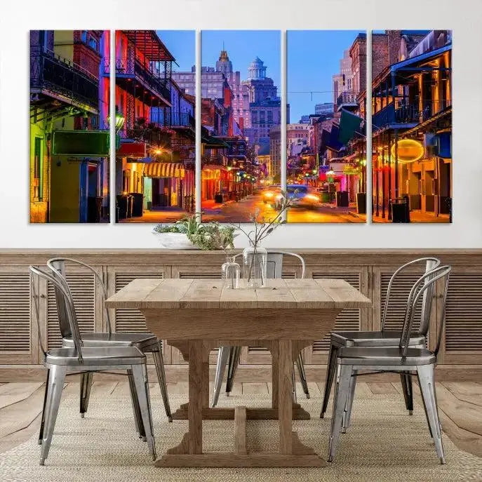 The "New Orleans Louisiana" painting, featuring a vibrant urban street scene and protected with a UV-resistant coating, is crafted on museum-quality polycotton and ready to hang. The artwork adds an elegant touch to the space.