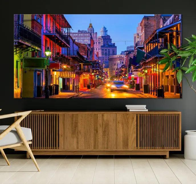 The "New Orleans Louisiana" painting, featuring a vibrant urban street scene and protected with a UV-resistant coating, is crafted on museum-quality polycotton and ready to hang. The artwork adds an elegant touch to the space.